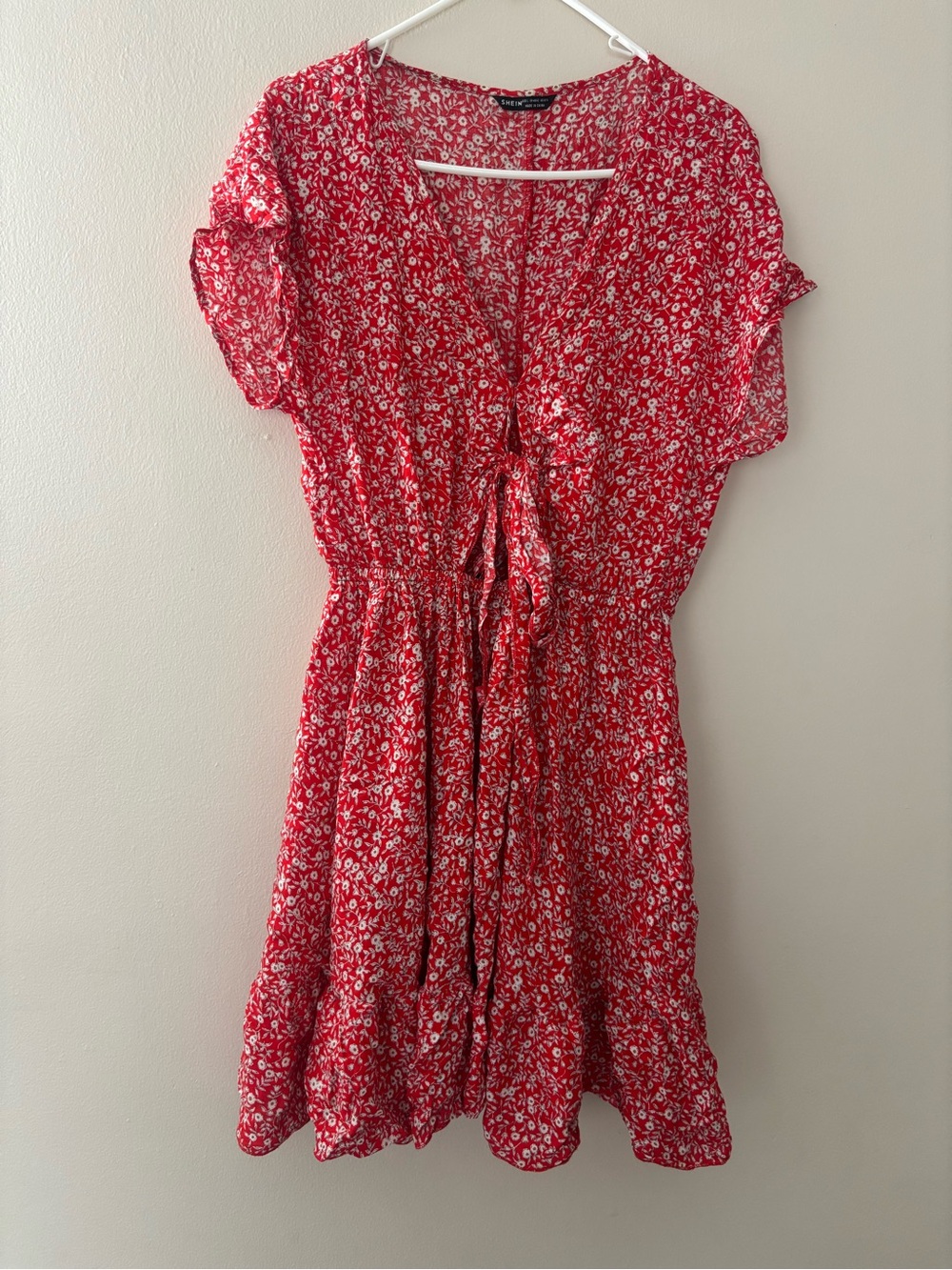 SHEIN Red Floral Tie-Front Mini Dress